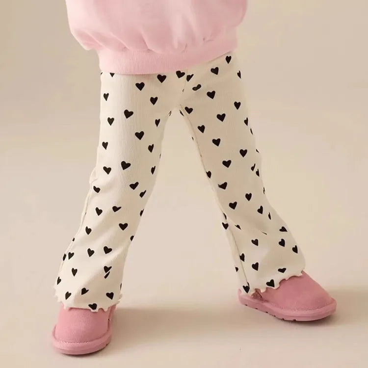 Girls' Flare Pants Spring Autumn 2026 Kids' Comfortable Printed Heart Motif Fashion Casual Long Pants