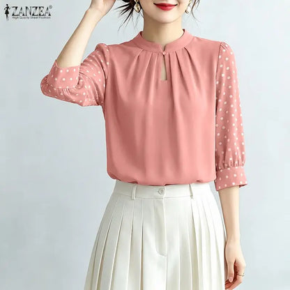 ZANZEA Women Elegant Gathered Blouses Spring Polka Dot 3/4 Puff Sleeves Stand Collar Tops Summer Daily Casual Blusas de Mujer