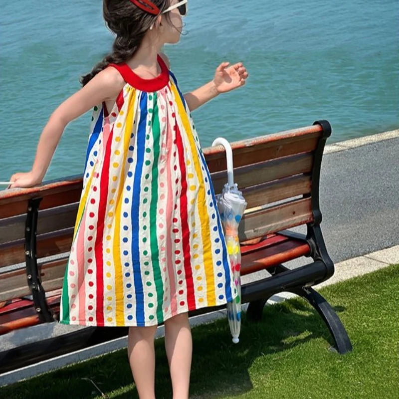 Sleeveless Vest Princess Rainbow Striped Dress Polka Dot Girl Elegant Girls Vintage Children's Clothing Party Junior Girls' Kids