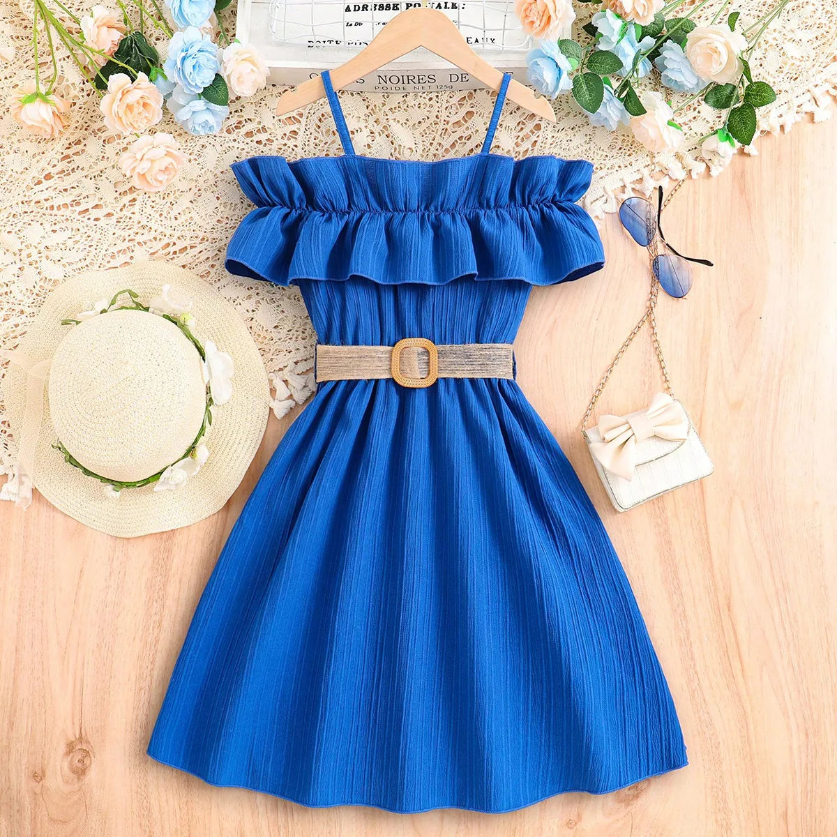 Summer Girl Dress Off Shoulder Fashion Girl Clothes Teenager Beach Dress with Belt Kid Outfits Children Clothing Plus Size Teens