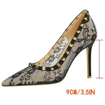 BIGTREE Shoes Sexy High Heels Lace Mesh Women Pumps Rivet Decoration Stiletto Heels 9 CM Ladies Sexy Party Shoes Plus Size 43