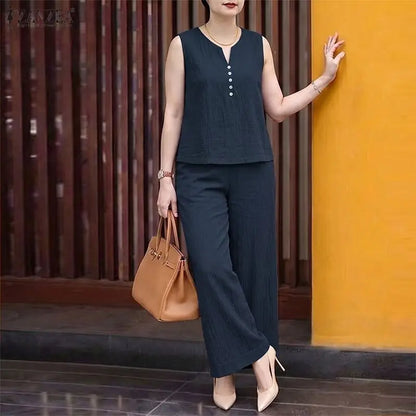 ZANZEA Fashion Summer 2 Pieces Sets Women V Neck Sleeveless Tanks Tops Trousers Suit Casual OL Work Pant Sets Solid OL Tracksuit