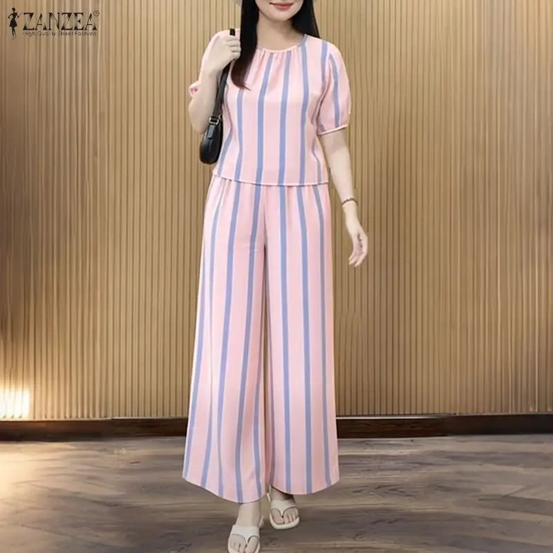 ZANZEA Women's Casual Striped 2-Piece Pant Sets Short Sleeve Loose Blouse & Wide Leg Trousers Suits Stylish Everyday Work Outfit