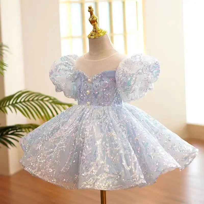 Girl Dress Pastel Sparkles Shimmers Puffy Sleeves Sequin Dress Girls Birthday Party Clothes 3-12Years