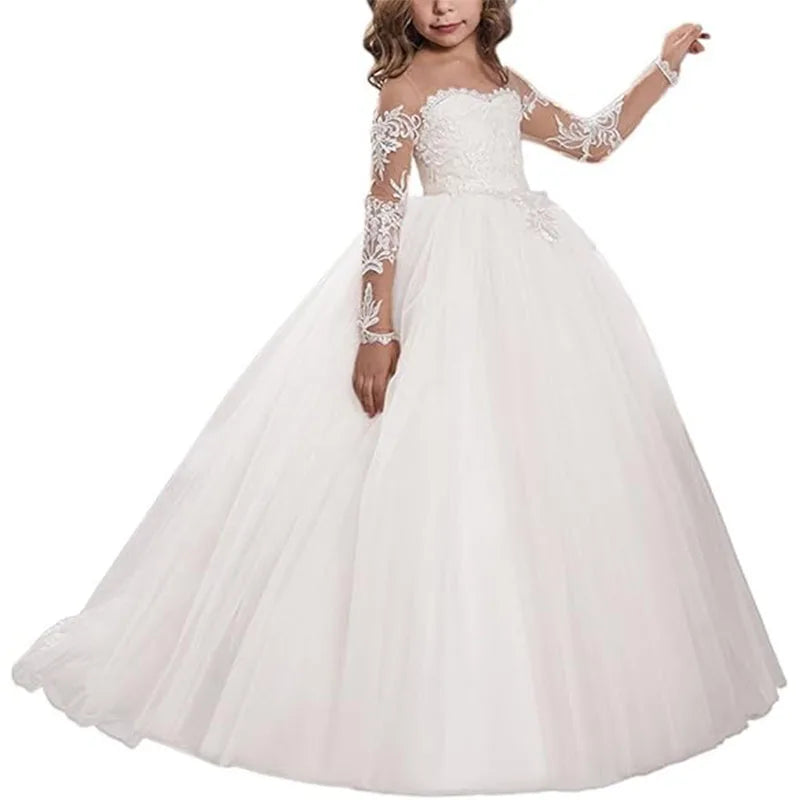 Lace Embroidery Transparent Long Sleeved Children's Flower Girl Wedding Party Graduation Ceremony Princess Floor Mopping Dress