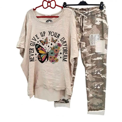 Women's Cotton Blend Suit Women's Summer Casual Printed Sportswear Set Lightweight Cotton Blend Outfit for Fashionable