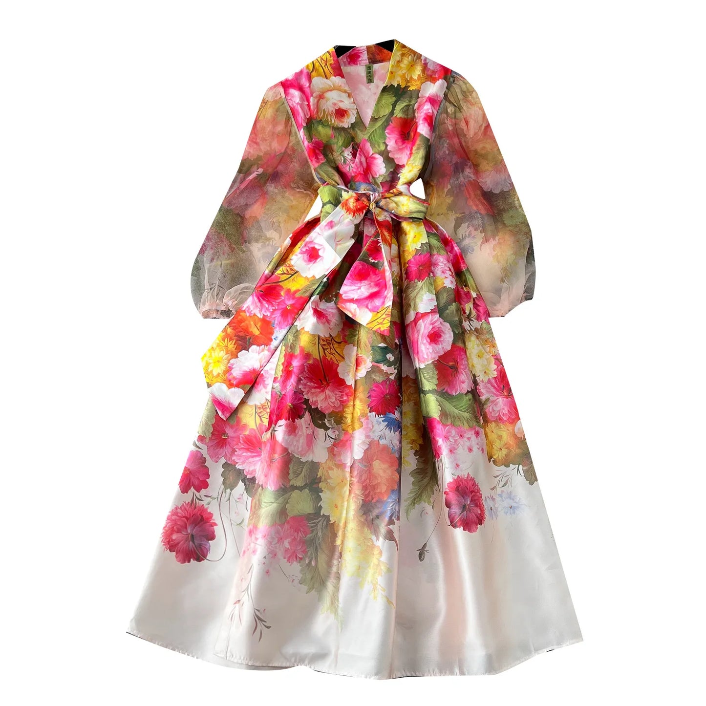 Women Dresses Mesh Long Dress Flower Print Lantern Sleeve V Neck Lace Up Tight Waist A Line Spring Maxi Gown Female Vestidos