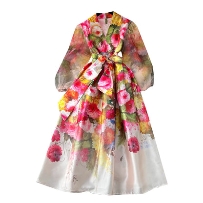 Women Dresses Mesh Long Dress Flower Print Lantern Sleeve V Neck Lace Up Tight Waist A Line Spring Maxi Gown Female Vestidos