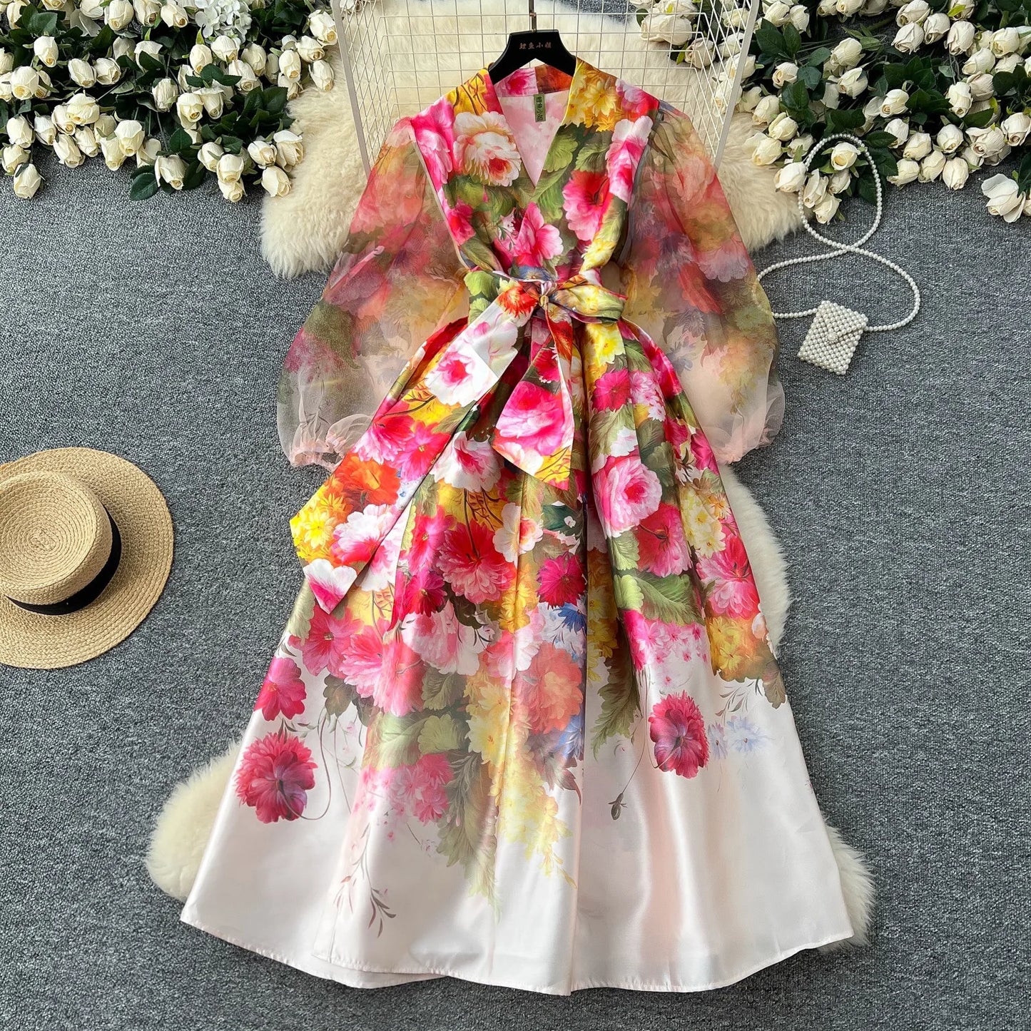 Women Dresses Mesh Long Dress Flower Print Lantern Sleeve V Neck Lace Up Tight Waist A Line Spring Maxi Gown Female Vestidos