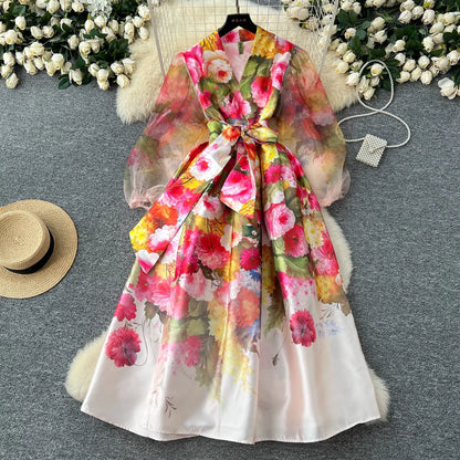 Women Dresses Mesh Long Dress Flower Print Lantern Sleeve V Neck Lace Up Tight Waist A Line Spring Maxi Gown Female Vestidos
