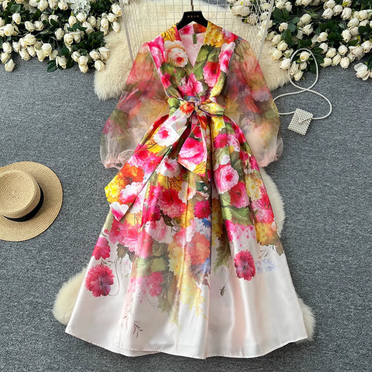Women Dresses Mesh Long Dress Flower Print Lantern Sleeve V Neck Lace Up Tight Waist A Line Spring Maxi Gown Female Vestidos
