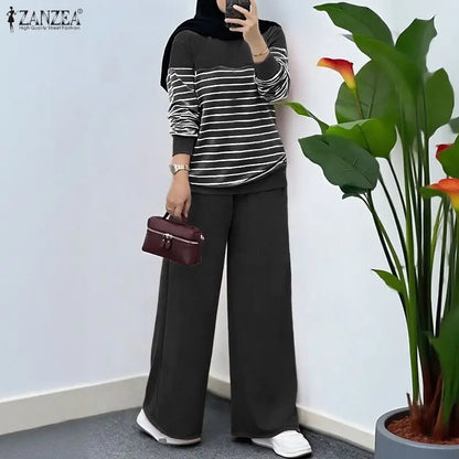2026 ZANZEA Fashion Spring Tracksuit Women Striped 2 Piece Sets Casual Long Sleeve Tops Pant Sets Muslim Outfits Matching Sets