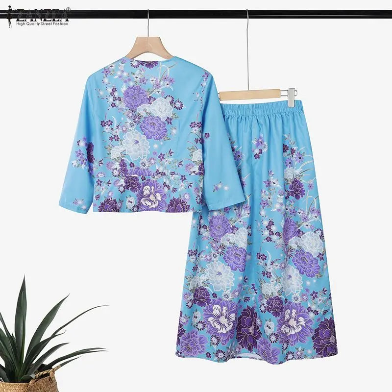 ZANZEA Women Elegant Floral Print 2 Piece Skirt Sets 3/4 Sleeve Short Top & A-Line Maxi Skirts Suits Autumn Matching Sets Outfit