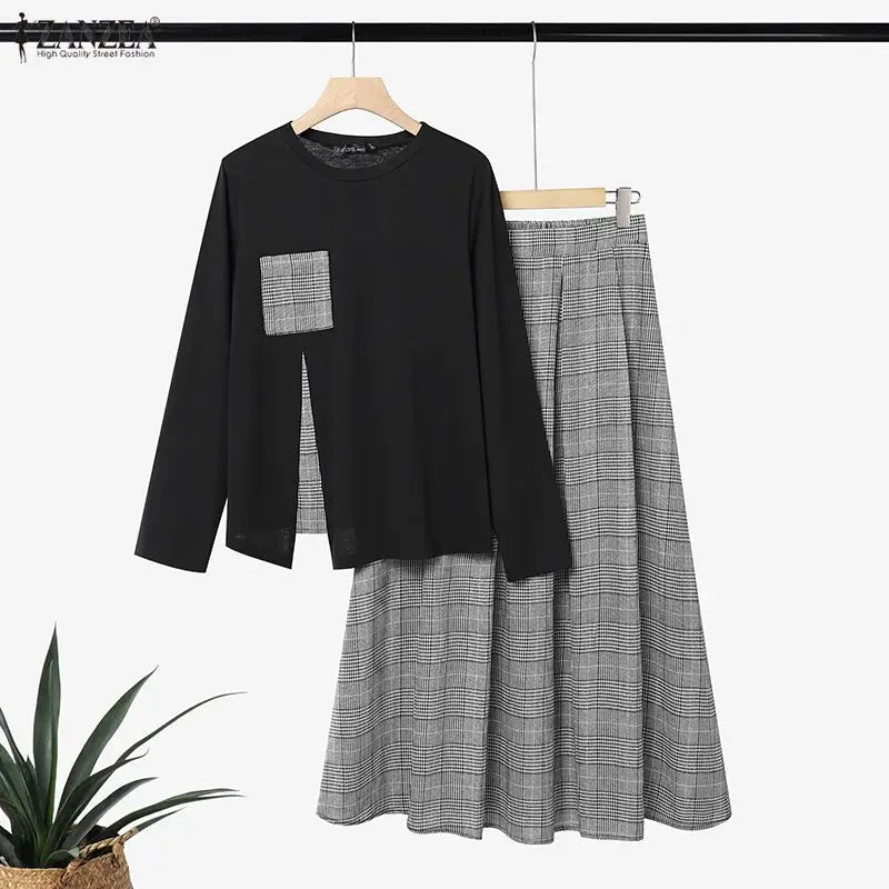 ZANZEA Women Plaid Patchwok Outfits Muslim 2 Pieces Sets Casual O Neck Long Sleeve Blouse A Line Maxi Skirt Suit Matching Sets