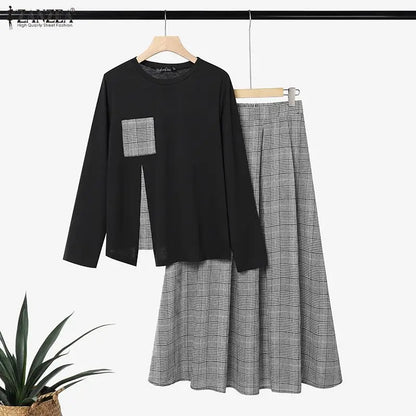 ZANZEA Women Plaid Patchwok Outfits Muslim 2 Pieces Sets Casual O Neck Long Sleeve Blouse A Line Maxi Skirt Suit Matching Sets