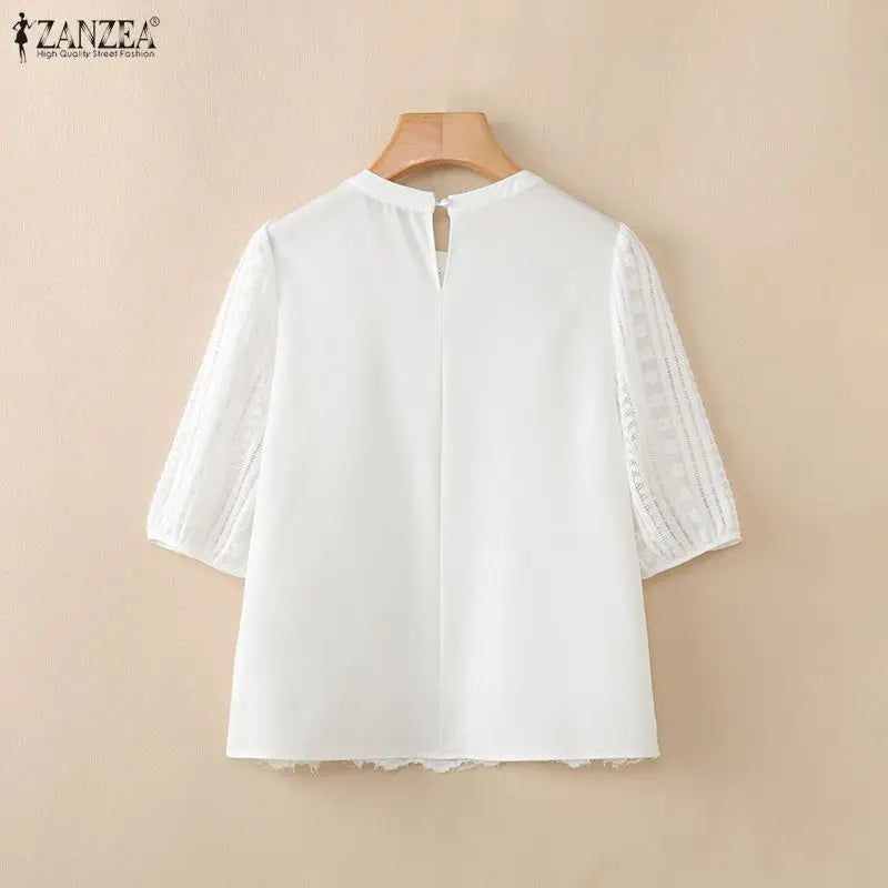 ZANZEA Womens Openwork Lace Blouses Elegant Half Puff Sleeve Solid Color O-Neck Tops 2026 Summer Casual Commute Blusas de Mujer