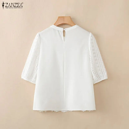 ZANZEA Womens Openwork Lace Blouses Elegant Half Puff Sleeve Solid Color O-Neck Tops 2026 Summer Casual Commute Blusas de Mujer