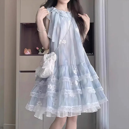 2026 summer Kids Girls SKY BLUE lace sleeveless mesh floral Princess Teenager New layered Dress Clothing 3 4 8 9 12 14 Years