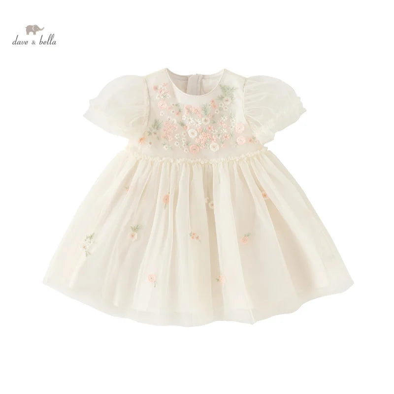 Dave Bella Children's Princess Dress for Girls 2025 New Summer Floral Puff Sleeves Mesh Charm Noble Cute Sweet Party DB2240549