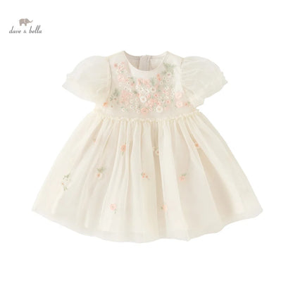 Dave Bella Children's Princess Dress for Girls 2025 New Summer Floral Puff Sleeves Mesh Charm Noble Cute Sweet Party DB2240549