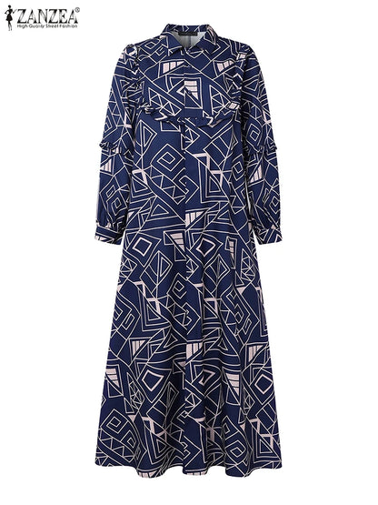2025 Women Elegant Long Sleeve Printed Sundress ZANZEA Fashion Muslim Abaya Dress Eid Mubarek Robe Femme Turkey Kaftan Vestidos
