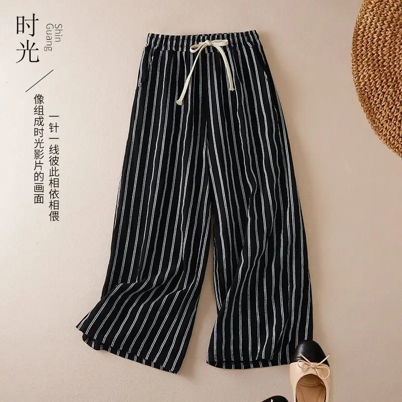 Women's Plus Size Spring and Summer Fashion Hot Selling Classic Black and White Contrast Stripe Casual Loose Cuffed Pants