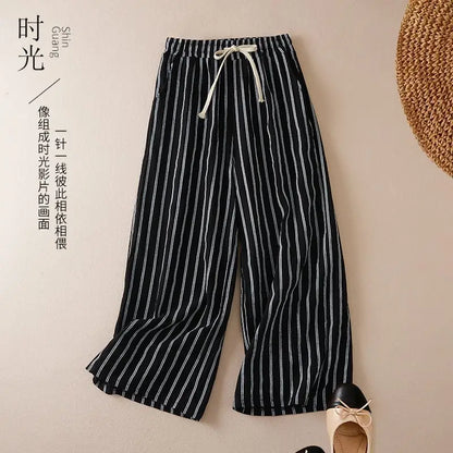 Women's Plus Size Spring and Summer Fashion Hot Selling Classic Black and White Contrast Stripe Casual Loose Cuffed Pants