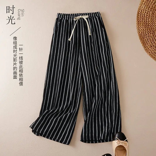 Women's Plus Size Spring and Summer Fashion Hot Selling Classic Black and White Contrast Stripe Casual Loose Cuffed Pants