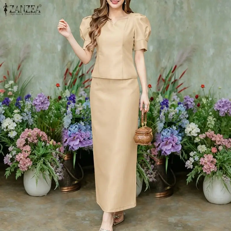 ZANZEA Women's Elegant Satin Skirt Sets Square Neck Short Puff Sleeve Crop Tops & Maxi Skirts 2 Pieces Suits Classy Party Outfit