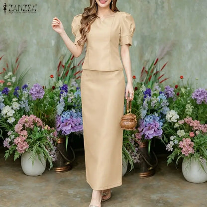 ZANZEA Women's Elegant Satin Skirt Sets Square Neck Short Puff Sleeve Crop Tops & Maxi Skirts 2 Pieces Suits Classy Party Outfit