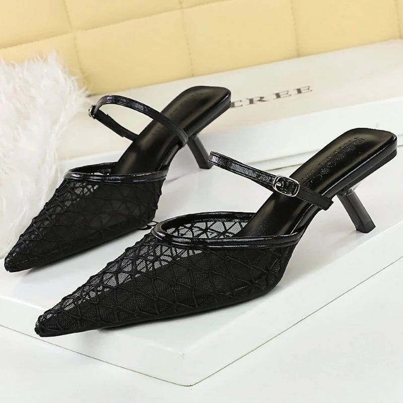 BIGTREE Shoes Mesh Lace Pointed Women Sandals Buckle Kitten High Heels Stiletto Summer Sexy Half Slipper Women Shoes Breathable