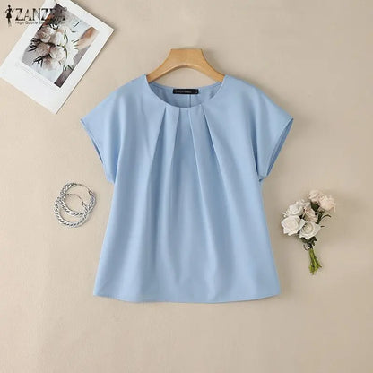 ZANZEA Women Summer Short Sleeve Blouses Casual Chic O-Neck Pleated Front Solid Color Tops Minimalist Loose Blusas de Mujer