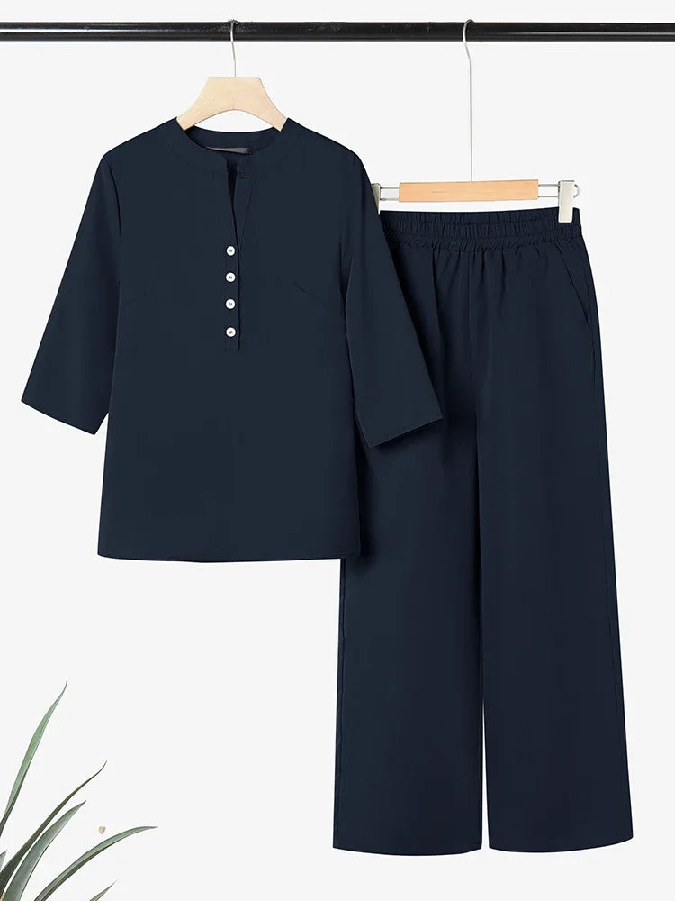 2025 Autumn Pant Sets ZANZEA Women 2PCS Outfits Elegant 3/4 Sleeve Blouse Wide Leg Trousers Suit Fashion Solid OL Work Tracksuit