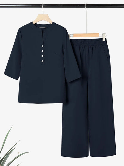 2025 Autumn Pant Sets ZANZEA Women 2PCS Outfits Elegant 3/4 Sleeve Blouse Wide Leg Trousers Suit Fashion Solid OL Work Tracksuit