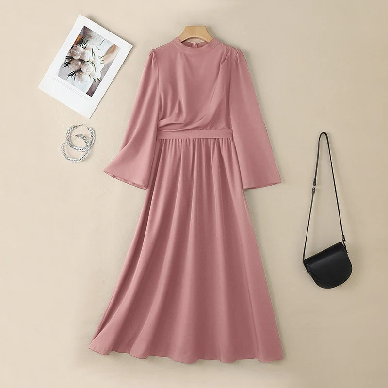 Fashion Muslim Abaya 2026 ZANZEA Women Stand Neck Long Sleeve Pleated Sundress Solid Belted Robe Dubai Hijab Dresses Oversize