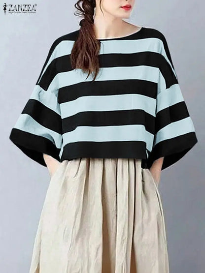 ZANZEA Oversize Contrast-Color Striped Blouses Women Casual Boatneck Drop-Shoulder 3/4 Sleeve Loose Tops Woman Clothes S-3XL