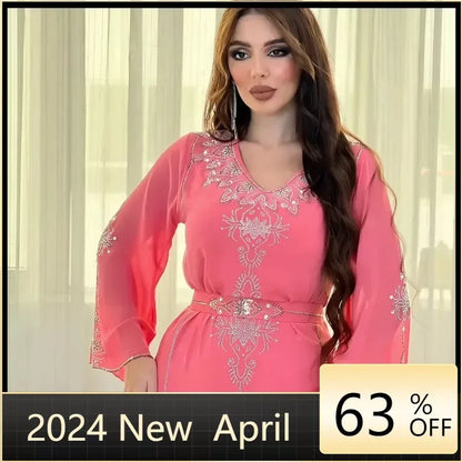 Customized Eid Jalabiya Muslim Abaya Party Dress for Women Arab Diamond Lace-up Abayas Long Dresses Robe Woman Elegant Ramadan V