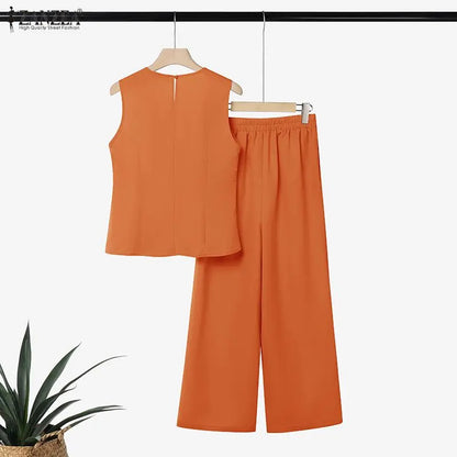 ZANZEA Fashion O Neck Sleeveles Tanks Tops Pants Sets Summer Women Matching Sets Irregular Buttons Up Blouse Trousers OL Outfits