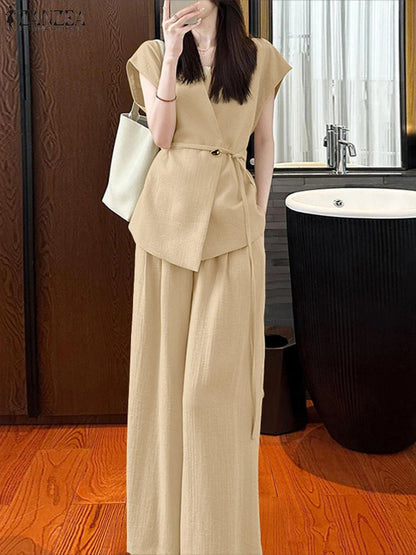 Fashion Women Two Pieces Sets ZANZEA Summer 2PCS Office Outfits V Neck Sleeveless Blouse Pant Sets Solid Tracksuit Trousers Suit
