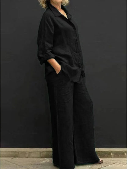 Spring and Summer Suit Women's Lapel Long-sleeved Loose Shirt High Waist Wide-leg Pants Casual Two-piece Set