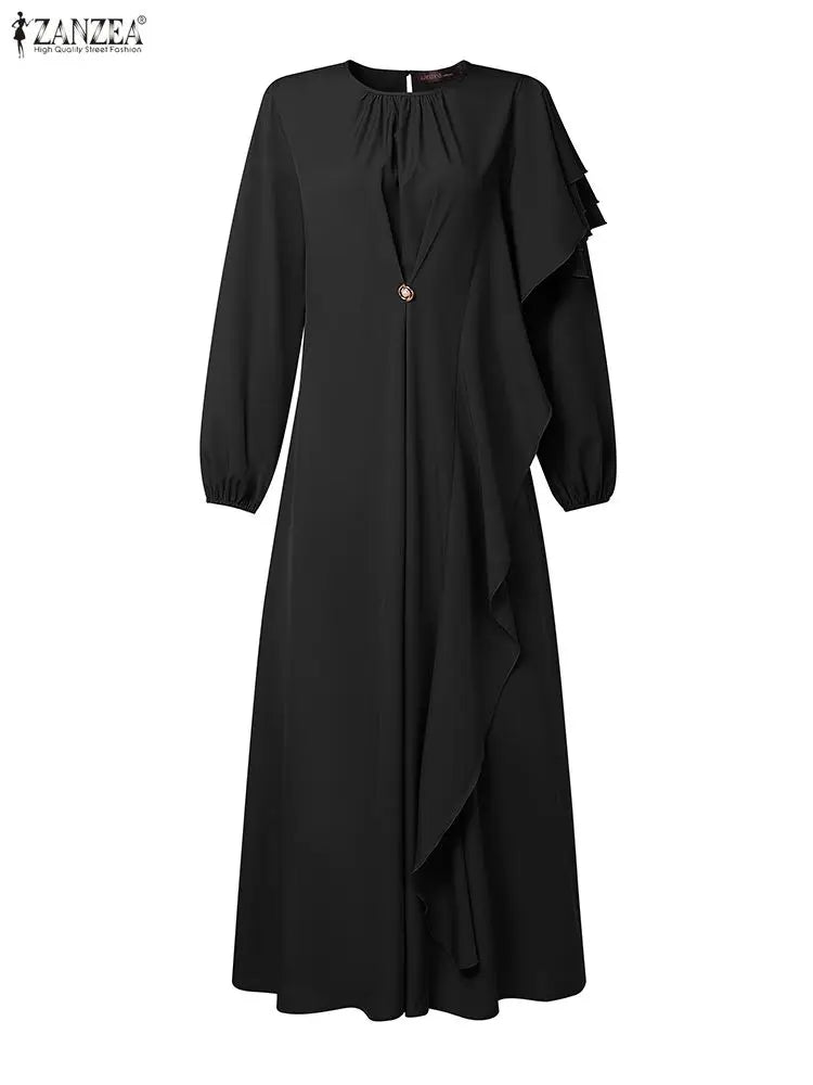 ZANZEA 2026 Women Elegant Long Sleeve Ruffled Dress Muslim Abaya Dress Ramadan Dubai Hijab Sundress IsIamic Robe Kaftan Vestidos