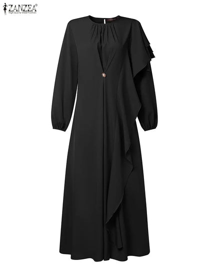 ZANZEA 2026 Women Elegant Long Sleeve Ruffled Dress Muslim Abaya Dress Ramadan Dubai Hijab Sundress IsIamic Robe Kaftan Vestidos