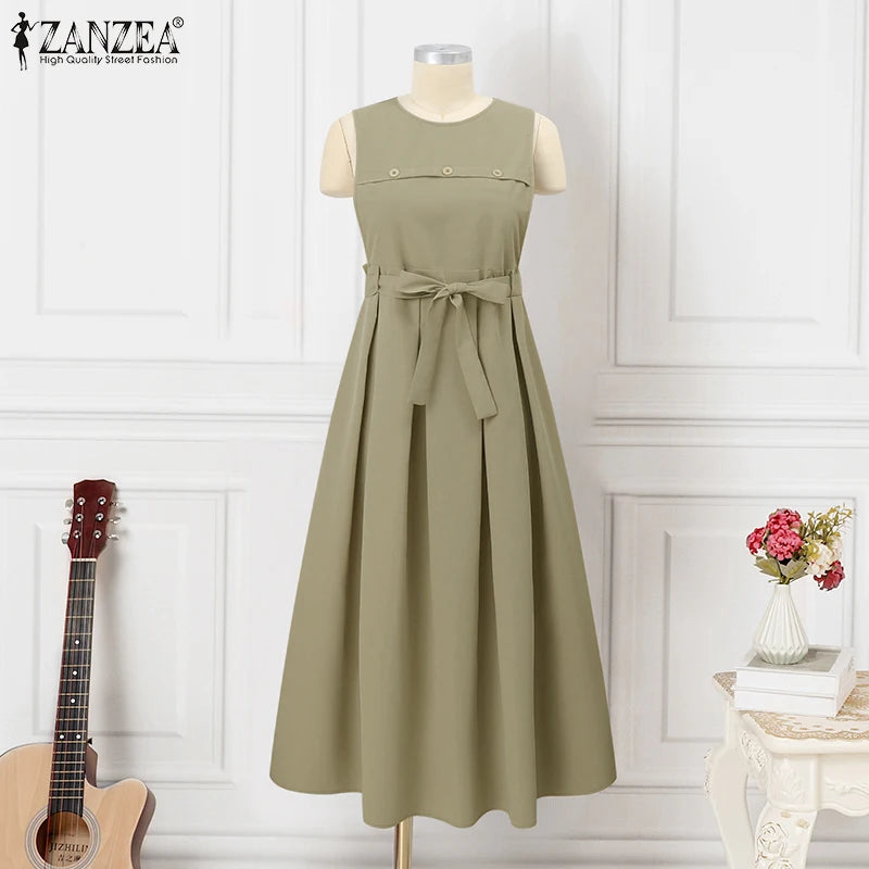 ZANZEA Muslim Abaya Hijab Dress Women Spring Maxi Long Dress Fashion Summer Sleeveless Overalls Dresses Kaftan IsIamic Clothing