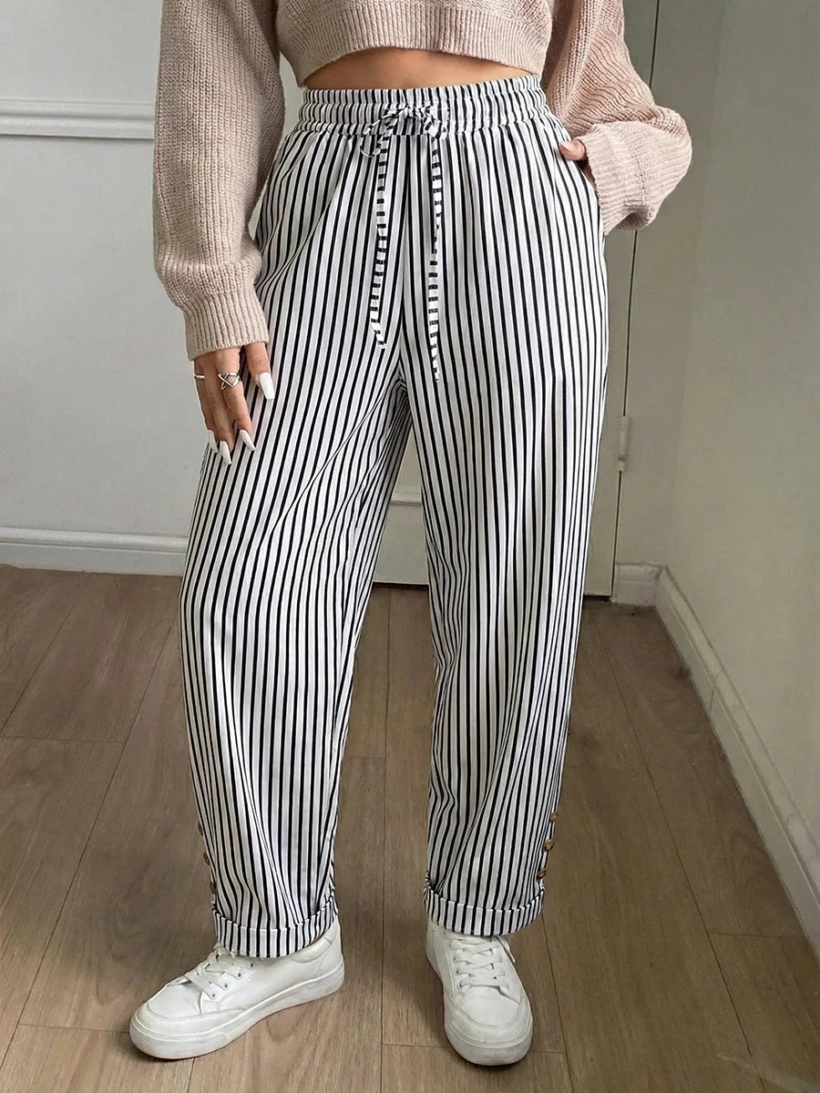 Women Plus Size High Waist Striped Pants Drawstring Casual Wide Leg Trousers Autumn Fashion Female Chill Streetwear Black White