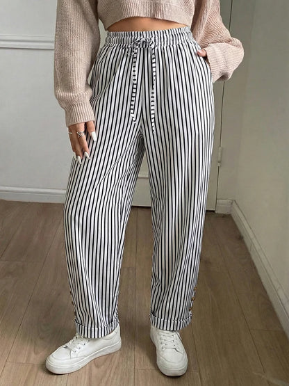 Women Plus Size High Waist Striped Pants Drawstring Casual Wide Leg Trousers Autumn Fashion Female Chill Streetwear Black White