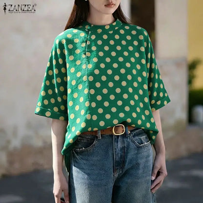 ZANZEA Summer Woman Polka Dot Blouses Vintage Mandarin Collar Half Sleeve Loose Tops Casual Daily Cotton Linen Blusas de Mujer