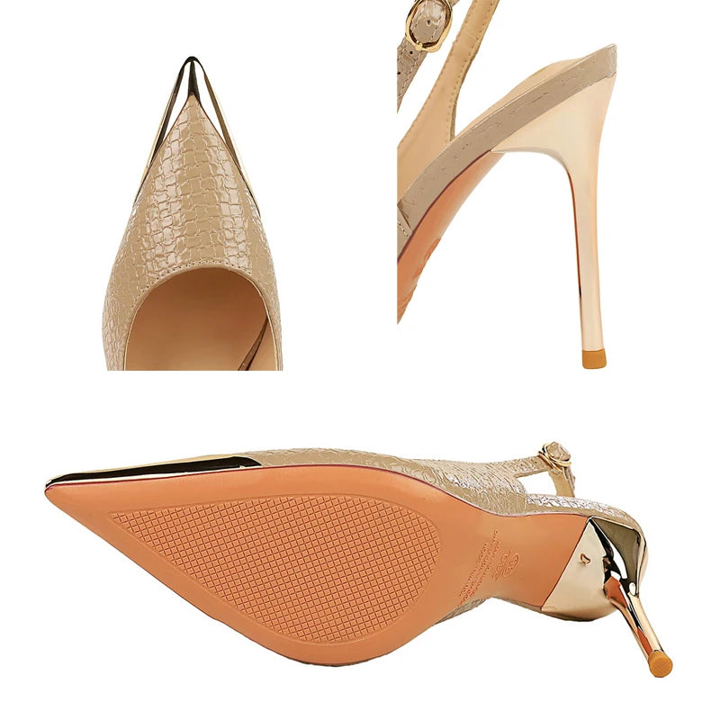 Women 9.5 cm Heels Metal Pointed Tip Women Pumps Hollow Out Hook Strap High Heeled Sandals Women Summer Shoes Sexy Party Shoes