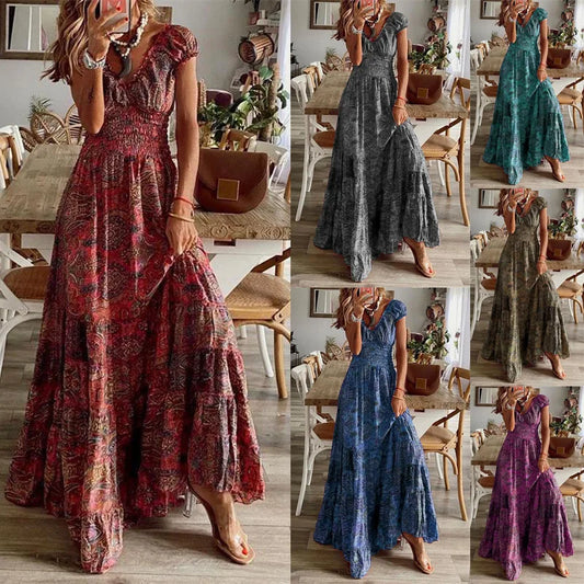 2026 New European and American Bohemian Style Long Dress, Waist-Cinching, Floral Print, Large Hem Dress