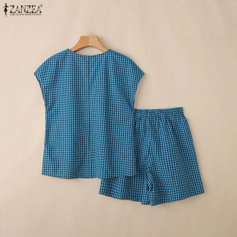 2026 Fashion Summer 2 Pieces Sets ZANZEA Plaid Tracksuit Women V Neck Short Sleeve Blouse Short Sets Casual Holiday Work Outfits