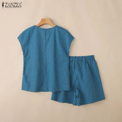 2026 Fashion Summer 2 Pieces Sets ZANZEA Plaid Tracksuit Women V Neck Short Sleeve Blouse Short Sets Casual Holiday Work Outfits